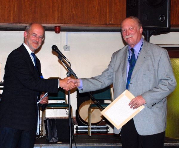 Chris Haines (right) receives his Honorary Fellowship from Prof. Stuart Reynolds, President of the Royal Entomological Society