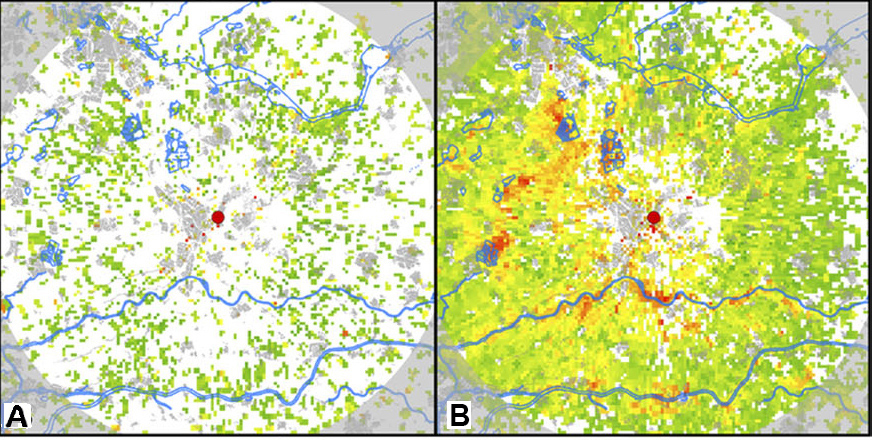 Weather radar pictures from the Netherlands showing thousands of birds taking to flight, disturbed by New Year's fireworks (source: Shamoun-Baranes et al., 2012).