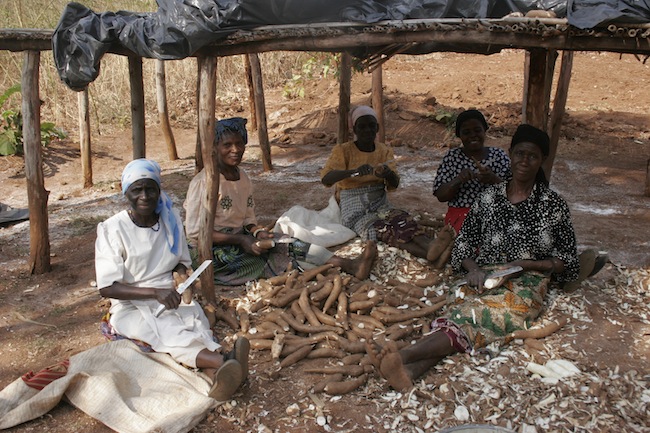 Women in southern Malawi getting some shade while peeling cassava roots