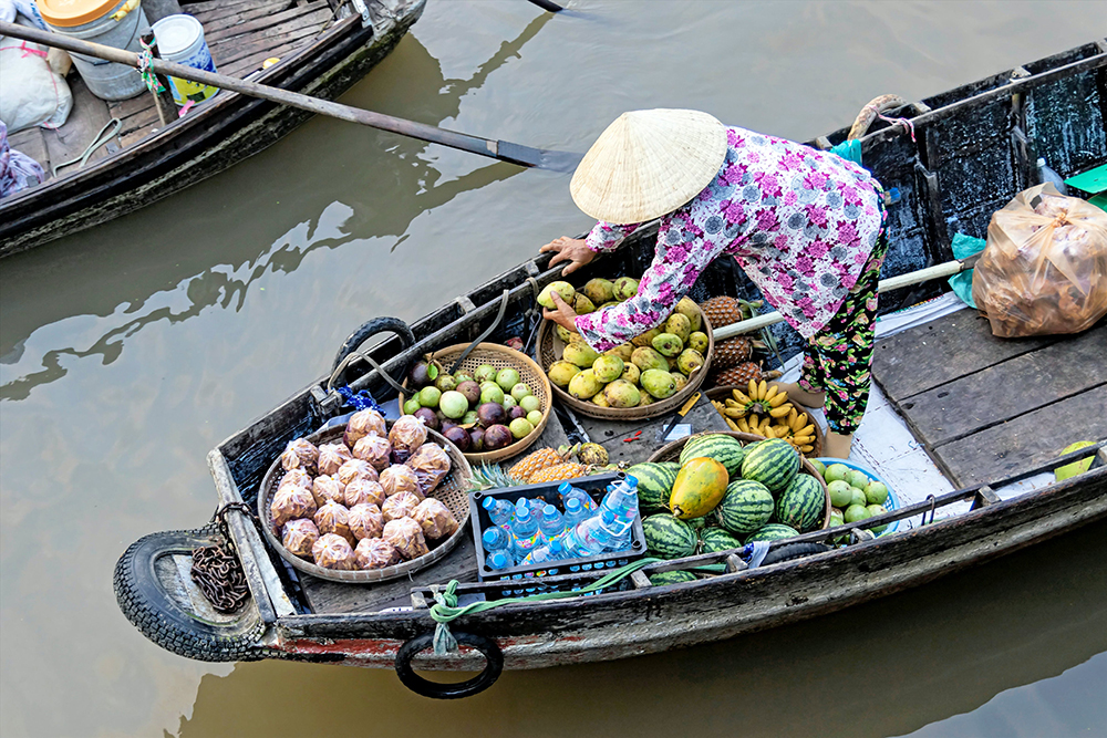 A person selling fruits on a boat in Vietnam.
