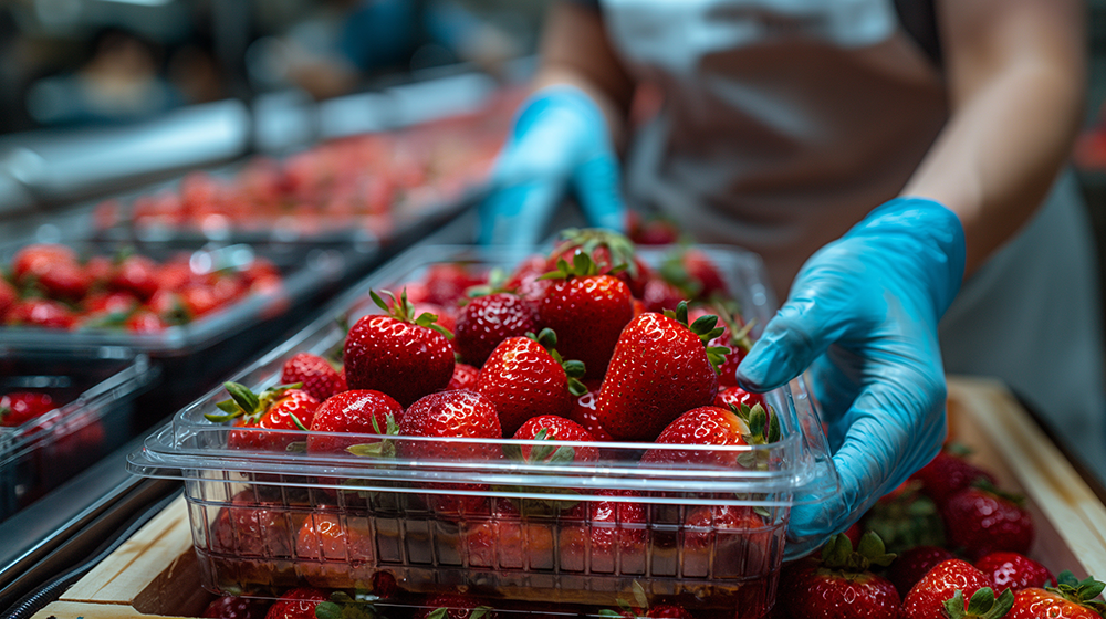 Srawberries being packed into plastic container